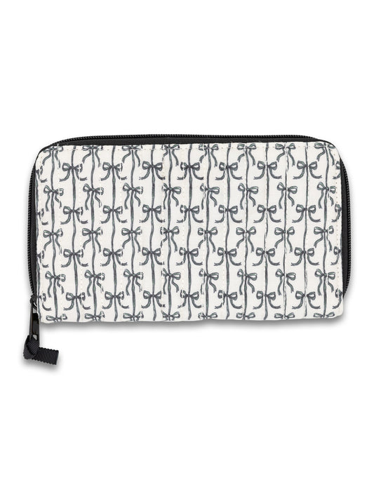 Quilted wallet zipper Pouch with bow pattern on a white background