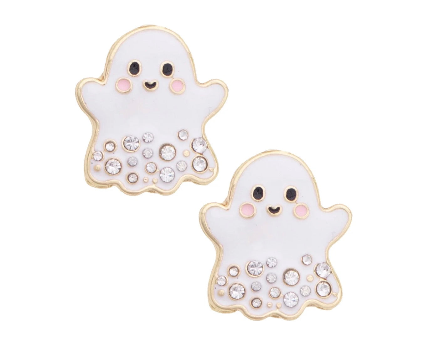 A pair of ghost-shaped stud earrings with white enamel, gold-tone borders, pink cheeks, and clear rhinestones on a white background.