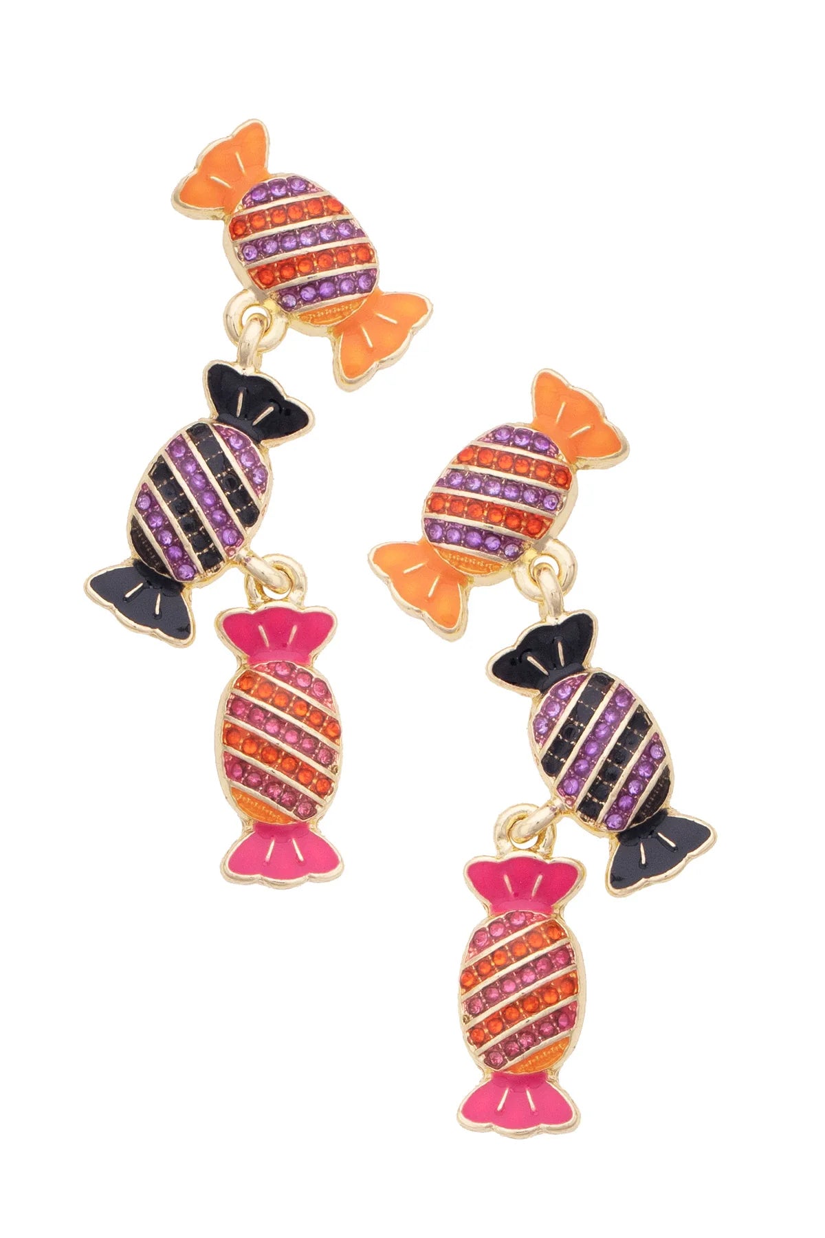 A pair of dangling candy-shaped earrings with gold-tone outlines and multiple colorful striped bands in orange, pink, purple, and black on a plain white background.