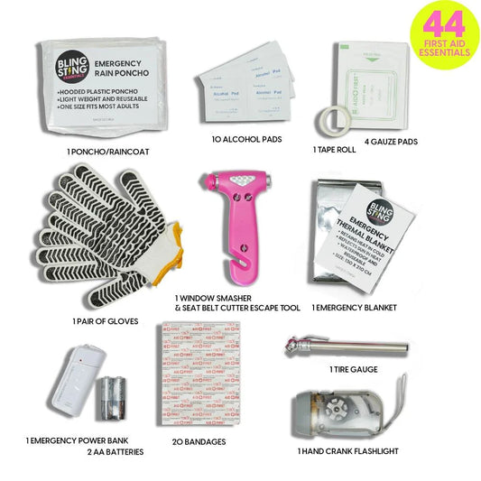 Collection of emergency supplies including a rain poncho, alcohol pads, tape, gauze, gloves, window smasher, emergency blanket, power bank, batteries, bandages, tire gauge, flashlight, and seat belt cutter on a white background.