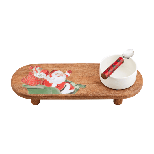 Wooden tray with Santa Claus design and a white bowl on a white background