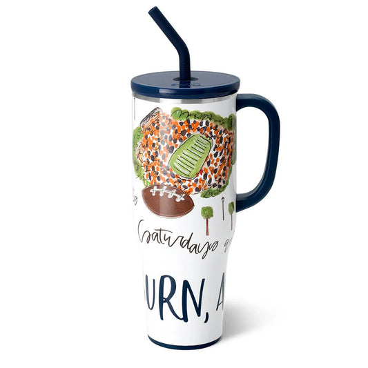 mega mug 40oz tumbler with navy lid and navy straw and handle.  football stadium illustration and football with saturdays in auburn alabama written on the tumbler.