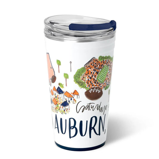 football stadium watercolor illustration with football and tailgate tents and 'saturdays in auburn, al' written on a white 24oz drinking tumbler