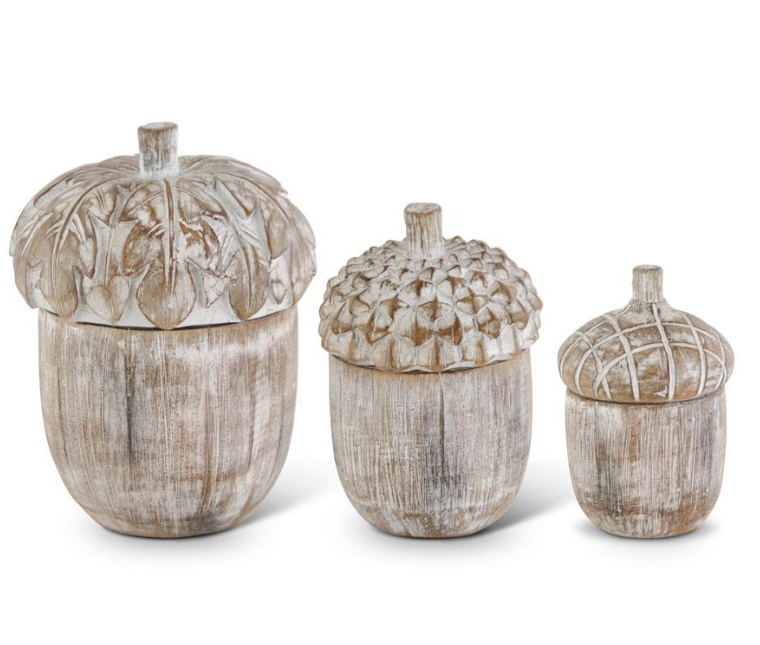 4.5 Inch Whitewashed Resin Acorn Lidded Container, Medium