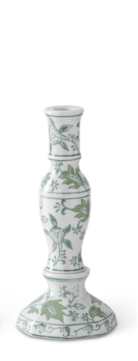 9.75 in Green & White Floral Ceramic Taper Candleholder
