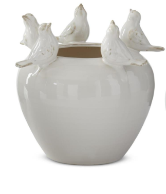 9.5 Inch Cream Ceramic Bird Rim Vase