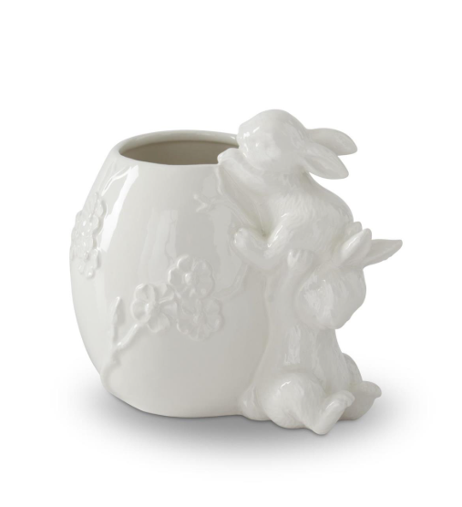 7 Inch White Ceramic Embossed Egg Container w/ Bunnies