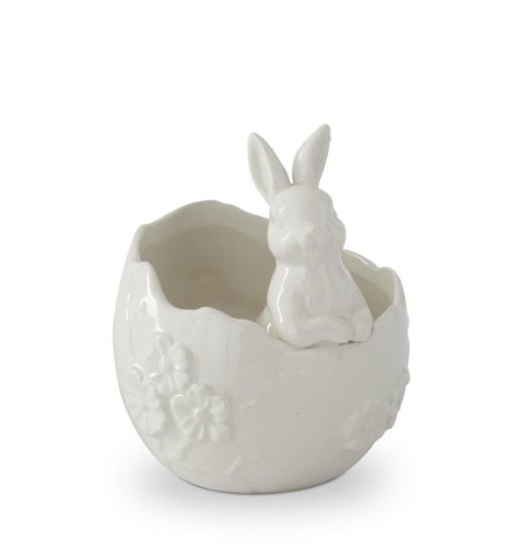 6 Inch White Ceramic Embossed Egg Container w/Bunny