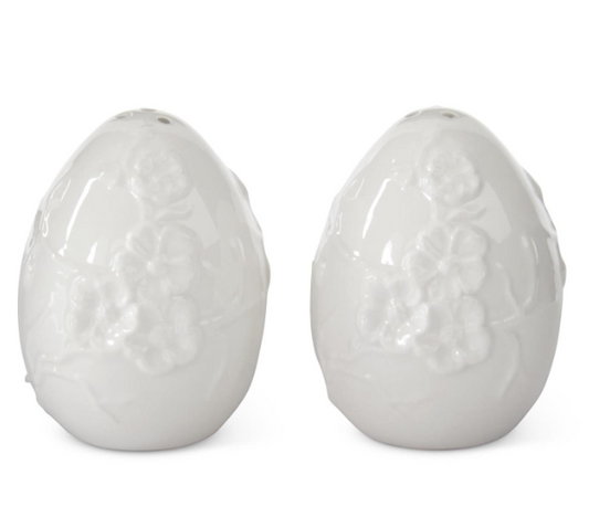 Set of 2 White Dolomite Flower Egg Salt & Pepper Shakers