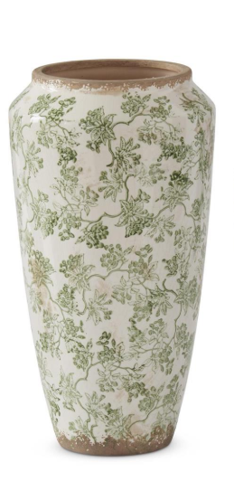 14.5 inch Green & Cream Crackled Ceramic Chinoiserie Vase