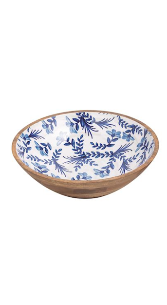 Large Blue Floral Wood Enamel Bowl