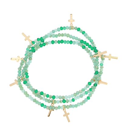 Beaded Stretch Bracelet Stack with Crosses, Turquoise + Blue