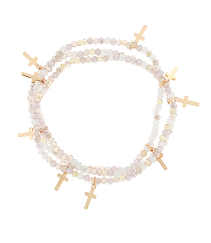 Beaded Stretch Bracelet Stack with Crosses, Ivory + Lavender