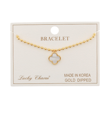 Gold Ball Chain Bracelet with Four Leaf Clover, White