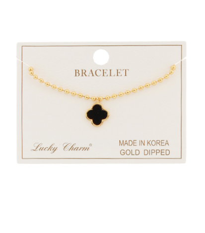 Gold Ball Chain Bracelet with Four Leaf Clover, Black