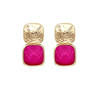 Hammered Gold & Fuchsia Stone Earrings