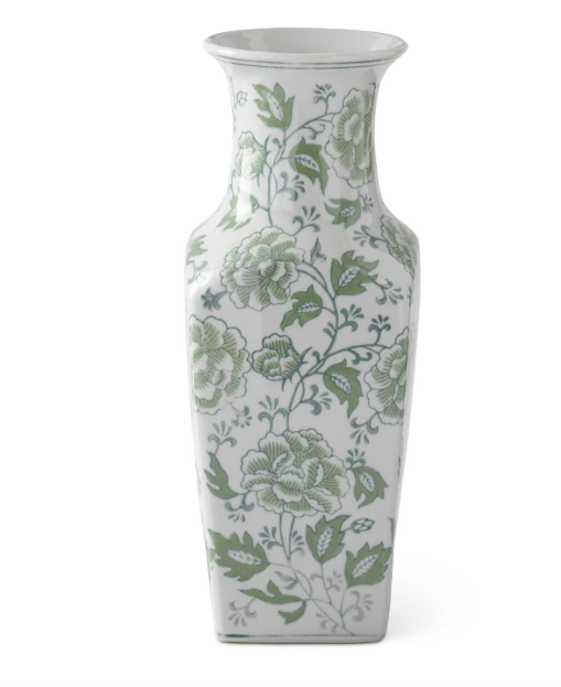14 Inch Green & White Floral Ceramic Vase