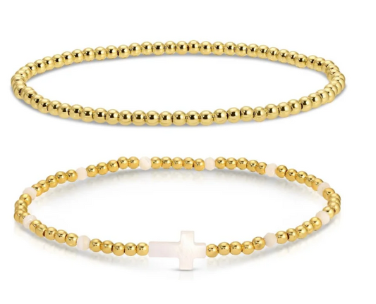 Set of 2 Gold Beaded Bracelets with Cross, White