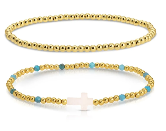 Set of 2 Gold Beaded Bracelets with Cross, Teal