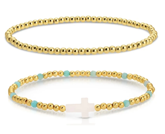Set of 2 Gold Beaded Bracelets with Cross, Seafoam