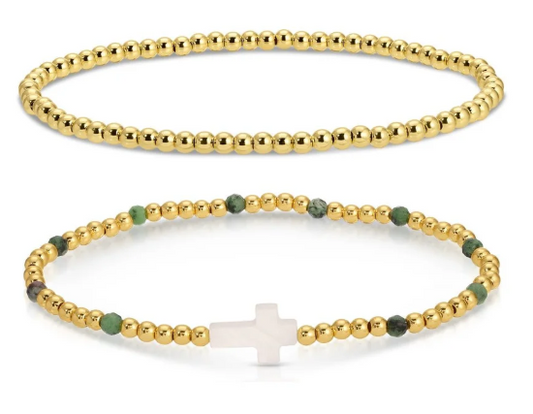 2 Gold Beaded Bracelets with Cross, Green Multi