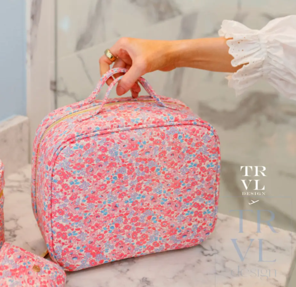 Luxe Travel Cosmetic Toiletry Case, Marseille w/ Pink Pinstripe