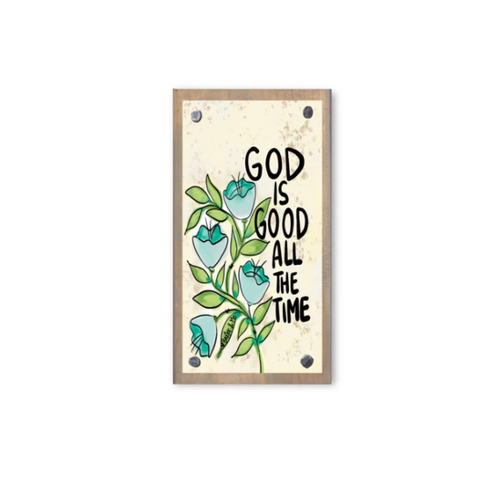 Blue Floral God is Good Driftwood Happy Block