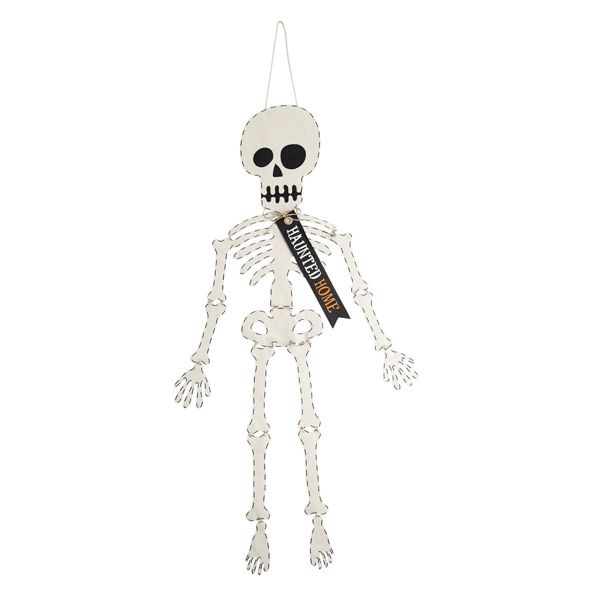 Hanging skeleton decoration with 'Happy Halloween' banner on a white background