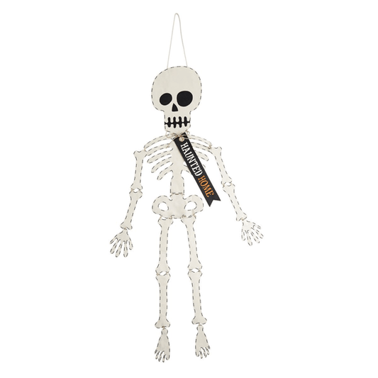 Hanging skeleton decoration with 'Happy Halloween' banner on a white background
