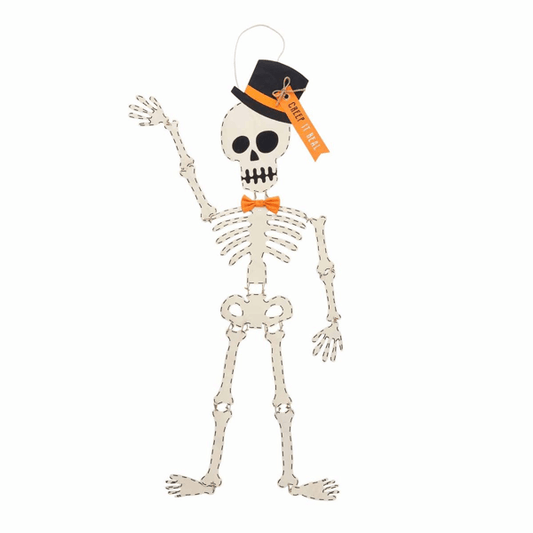 Skeleton figure with a top hat and bow tie on a white background