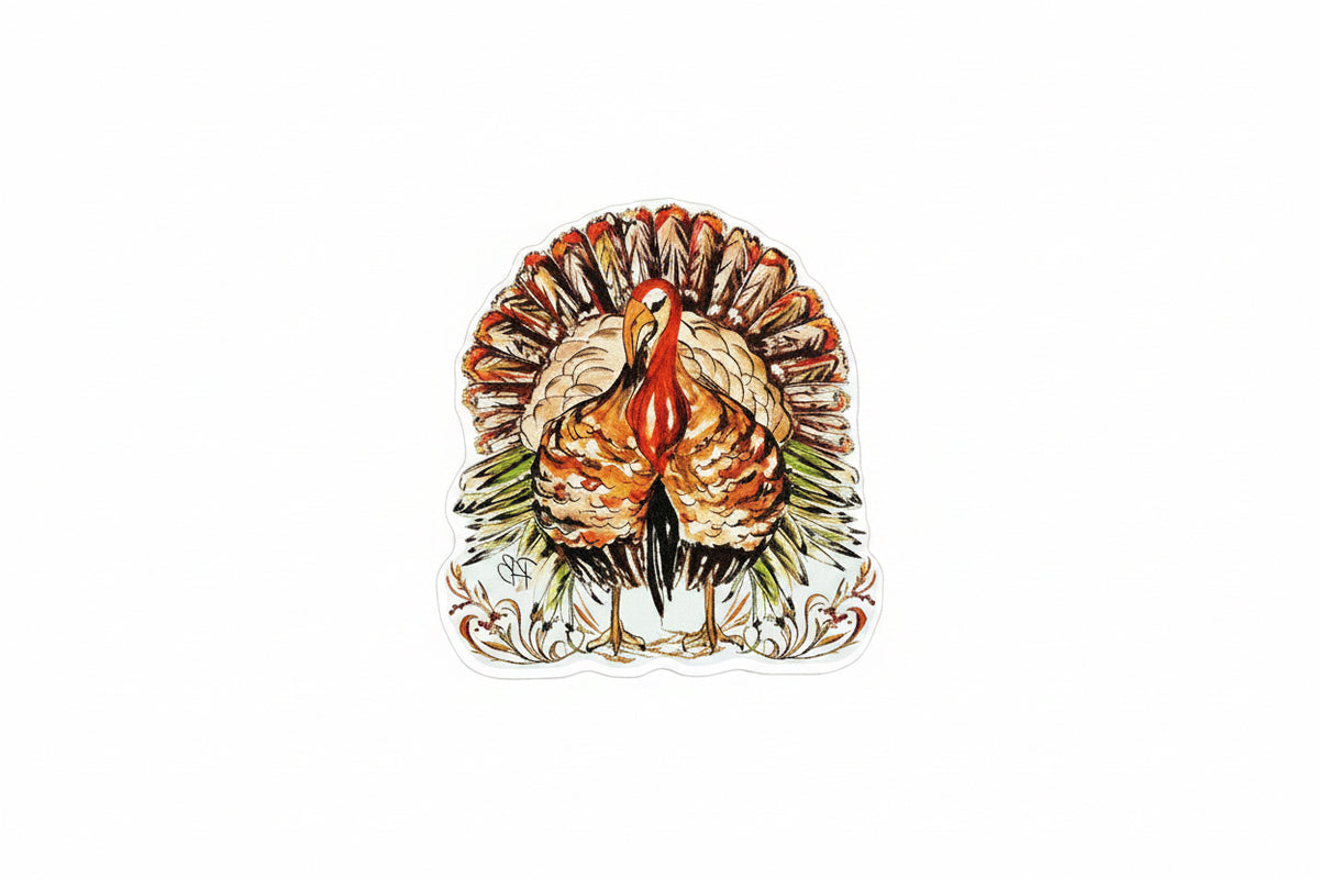 A die-cut sticker featuring a detailed illustration of two facing turkeys with a decorative scrollwork border, shown on a plain white background.