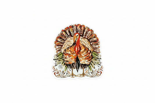 A die-cut sticker featuring a detailed illustration of two facing turkeys with a decorative scrollwork border, shown on a plain white background.