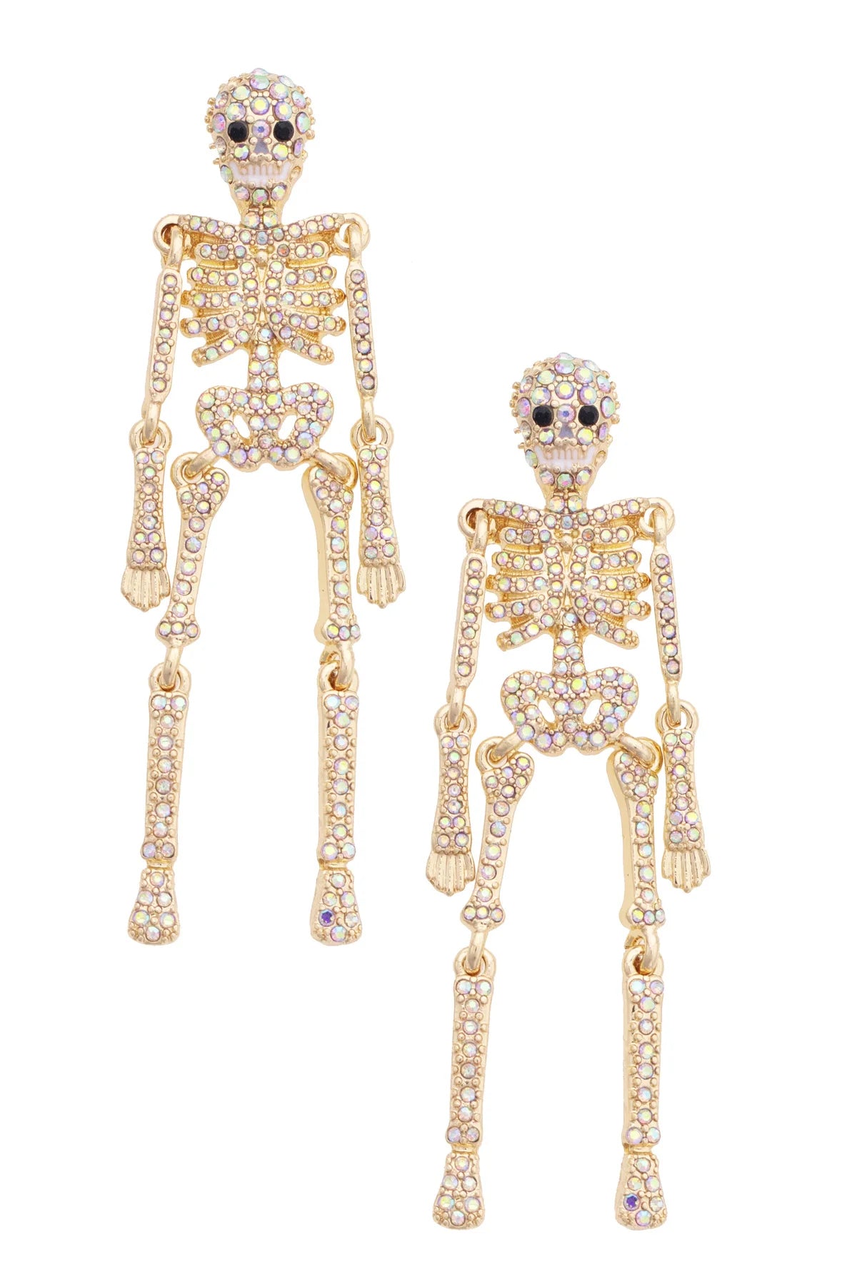 A pair of gold skeleton earrings covered in clear rhinestones, displayed against a solid white background.