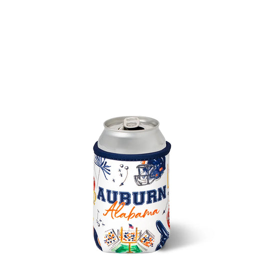 A silver aluminum can inside a white neoprene can cooler sleeve featuring Auburn University branding, including the text 'Auburn Alabama' in blue and orange, football helmets, and a football field, shown on a white background.