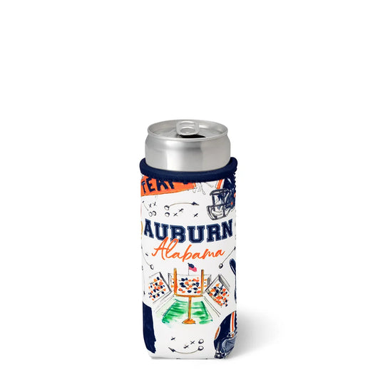 A silver aluminum can inside a white, navy, and orange Auburn University can cooler sleeve, shown on a clean white background.