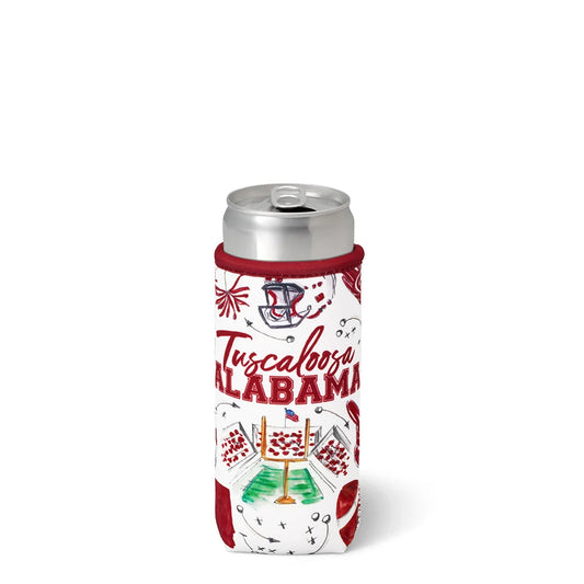 A slim aluminum can beverage holder in a white, red, and green Tuscaloosa Alabama themed neoprene sleeve, shown on a clean white background. tailgate football stadium