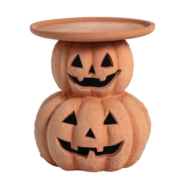 Elevate your Halloween decor with the Terra Stacked Jack-O-Lantern Pillar Holder. Crafted from high-quality terracotta, this unique candle holder features intricately cut-out facial features that bring a playful yet spooky charm to any setting.