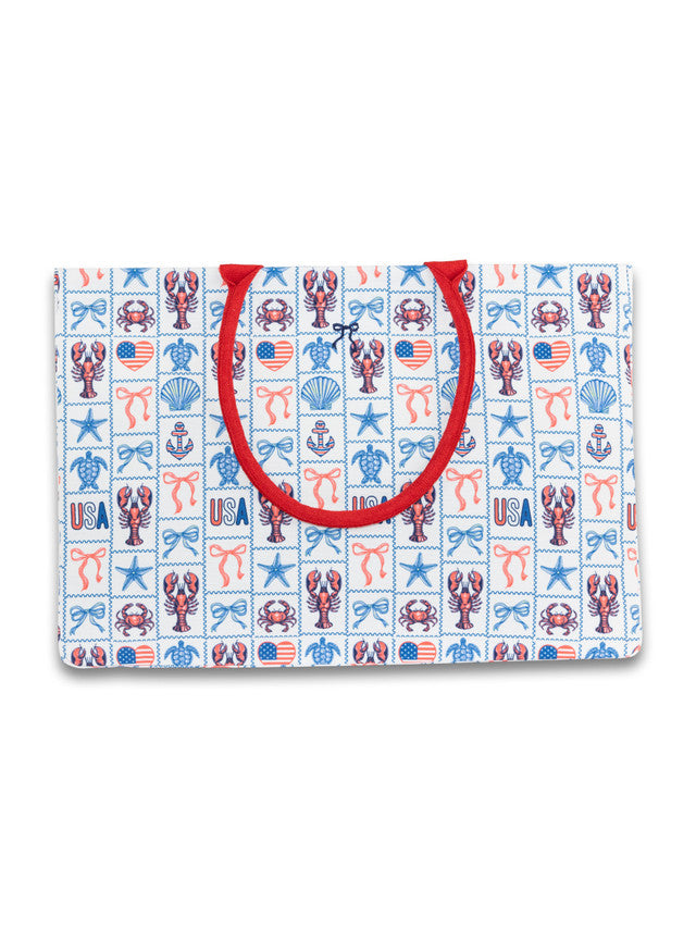 Reusable shopping bag with lobster and shell pattern on a white background