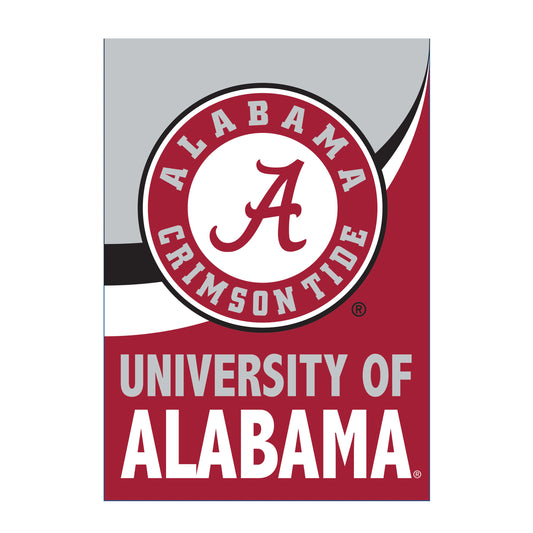University of Alabama Burlap House Flag with red and grey swirl on background and alabama crimson tide logo on front