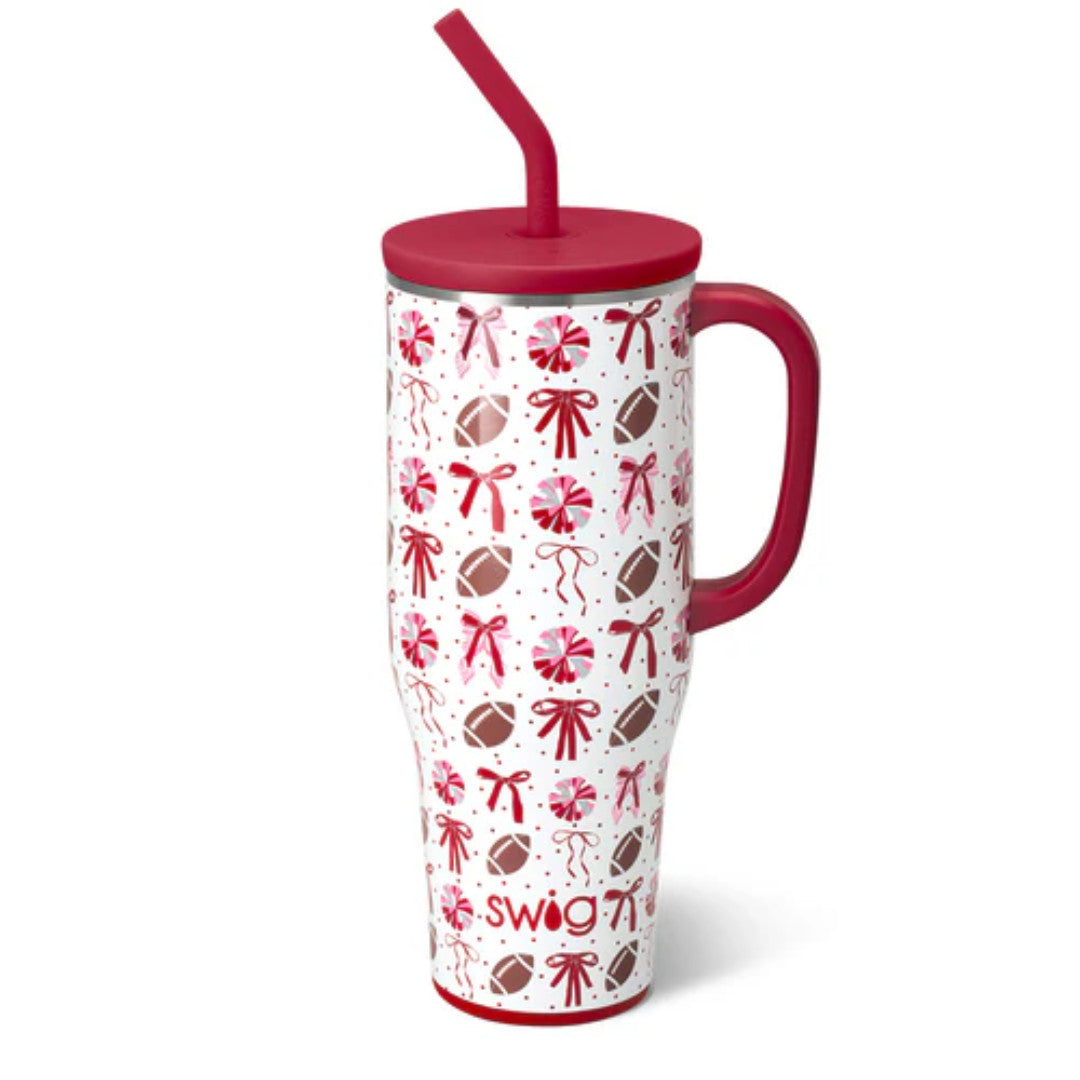 We've Got Spirit Crimson Mega Mug 40oz with red bows and footballs on white background