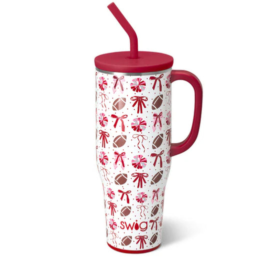 We've Got Spirit Crimson Mega Mug 40oz with red bows and footballs on white background