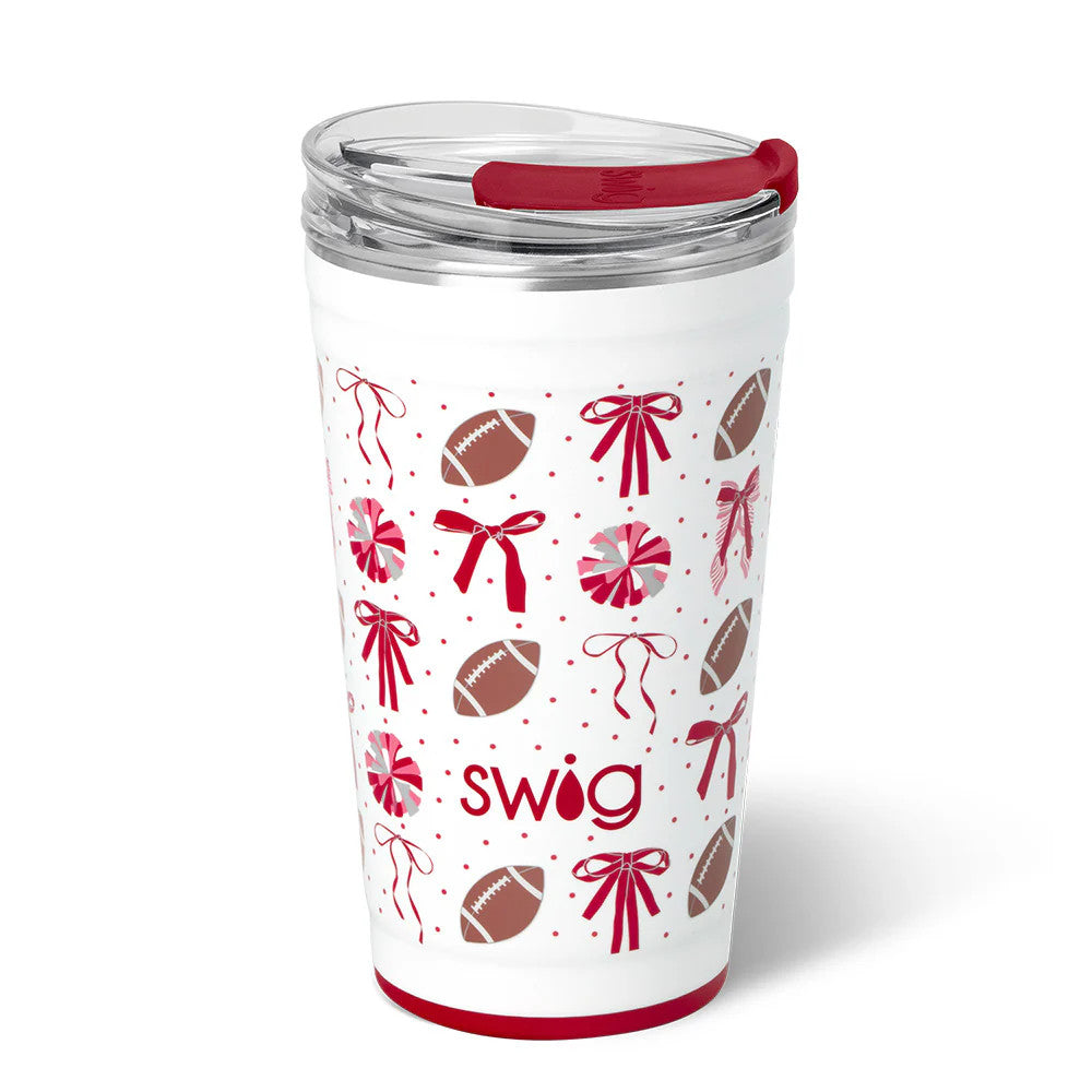 We've Got Spirit Crimson Party Cup 24oz with red bows and footballs on white background for university of alabama sports fans