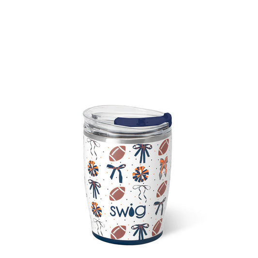 navy blue bows with orange and navy blue pom poms and football design on a small white tumbler 