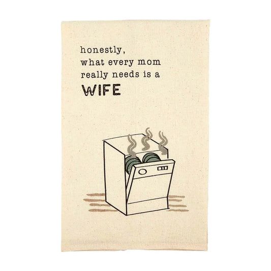 funny mom tea towel on cream background