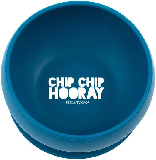 A dark blue silicone pet toy or bowl with the text 'CHIP CHIP HOORAY' and 'BELLA TUNNO' printed in white on the inside, shown against a plain white background.