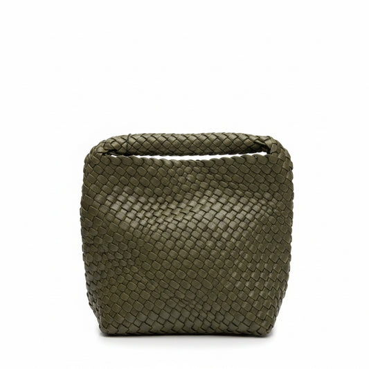 An olive green woven leather clutch bag with a structured, square shape and a top zipper closure, shown against a plain white background.
