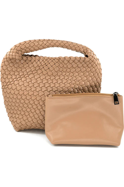 Beige woven handbag and matching pouch on a white background