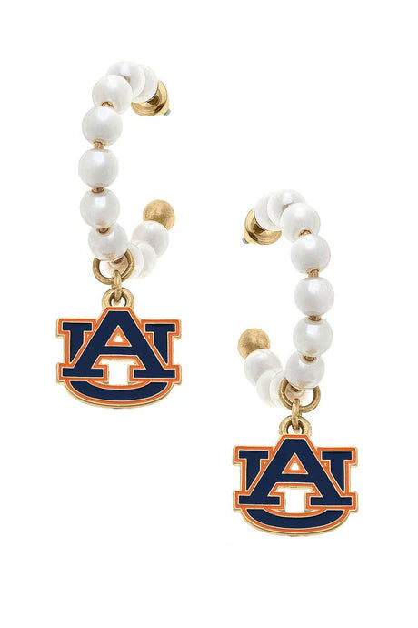 Auburn Tigers Pearl Hoop Enamel Drop Earrings in Navy/Orange
