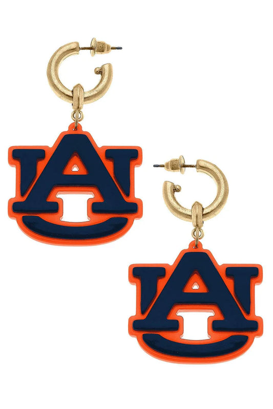 Auburn Tigers Resin Logo Drop Hoop Earrings in Navy