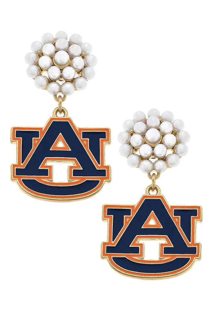 Auburn Tigers Pearl Cluster Enamel Drop Earrings in Navy/Orange